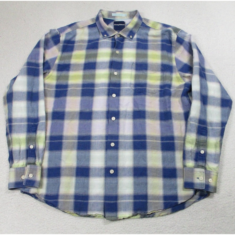 Tommy Bahama Shirt Mens‎ XL Blue Green Plaid Linen Cotton Button Down Casual
